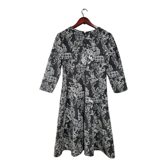 Nine West Women's Black White Fit & Flare Dress Stretch Textured 3/4 Sleeve Sz 8 - Picture 2 of 13
